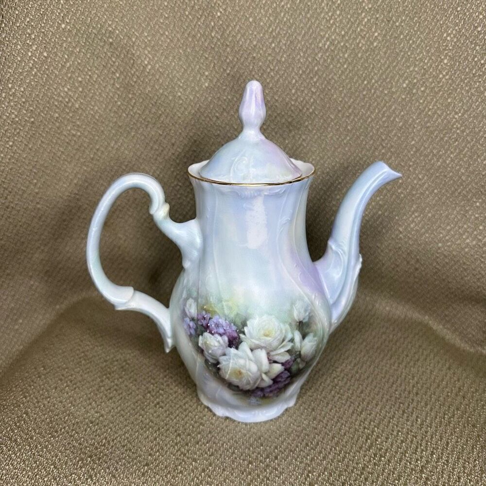 Vintage Bernadotte Porcelain Coffee Tea Pot Czech Republic Purple Roses 7.5”